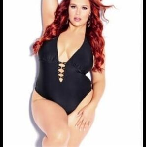 NWT City Chic CCX Gidget 1pc. WOMENS SZ 20 Black Swimsuit halter Plunge LOW back